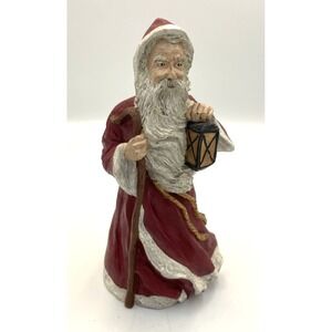 Vtg Hand Painted Resin Santa Figurine Carrying Lantern & Walking Stick 7.25" H
